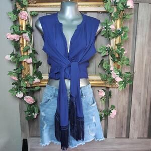 Chicos blue fringe tie festival shirt